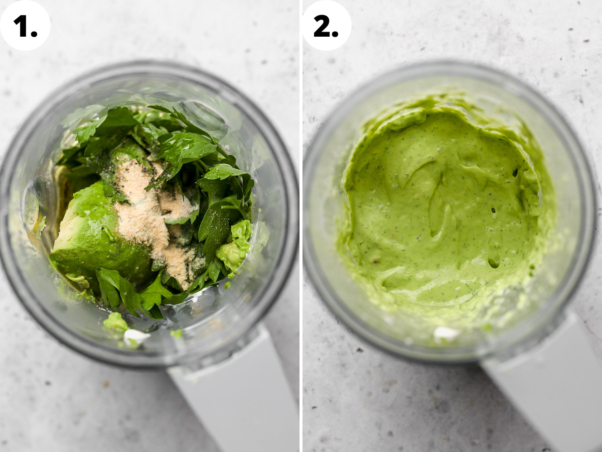 Sauce ingredients being added to a blender, and blended until smooth.
