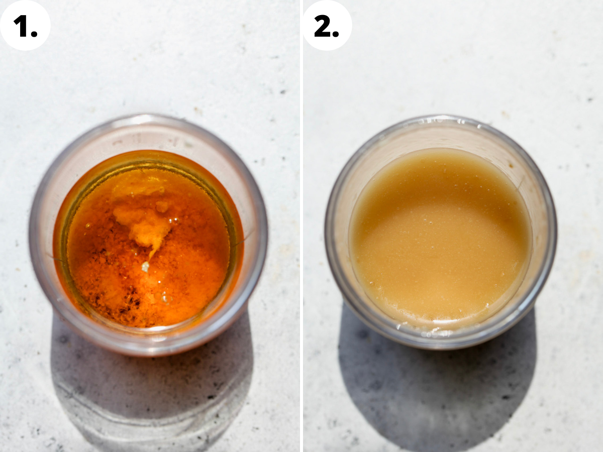 Sesame ginger dressing being mixed in a jar until smooth.