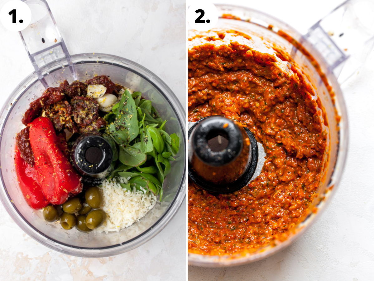 Ingredients being added to a food processor and blended until smooth.