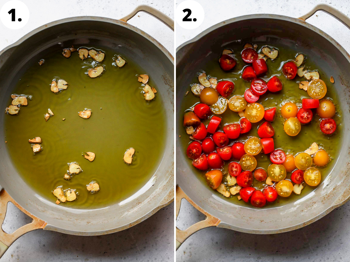 Garlic and tomatoes simmering in olive oil in a skillet.