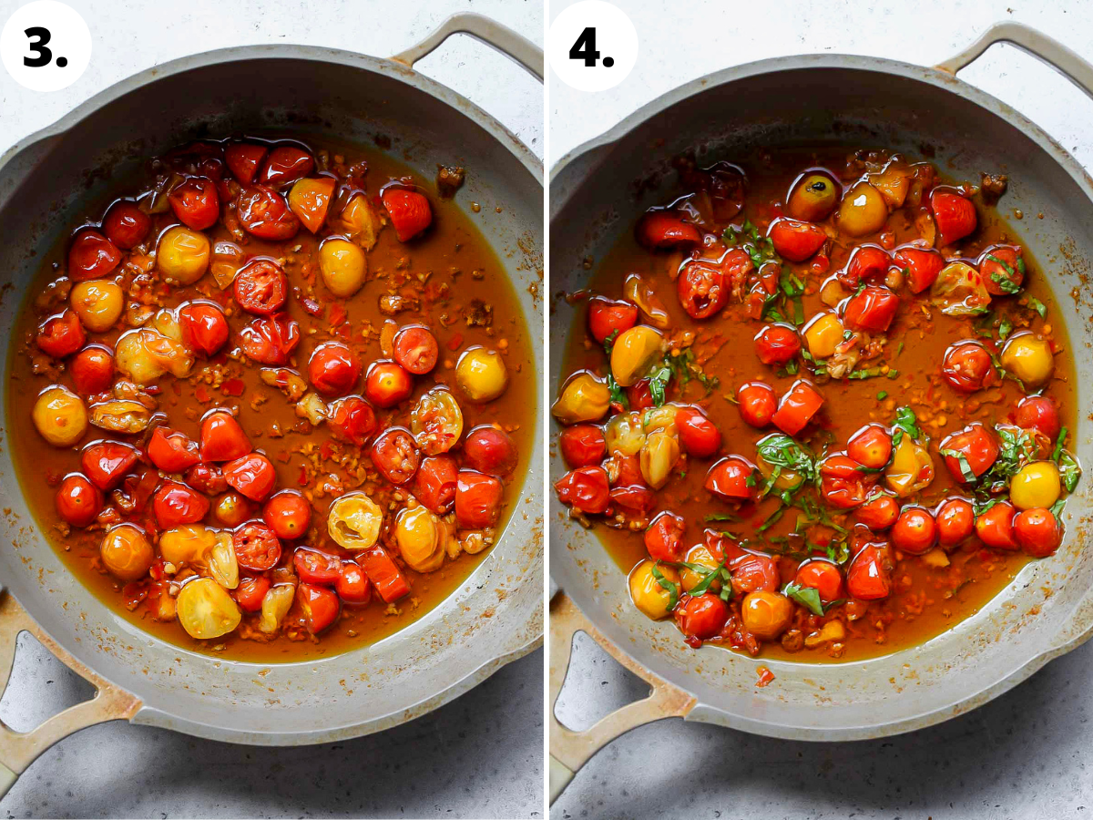 Tomatoes, chiles, and basil simmering in garlicky olive oil in a skillet.