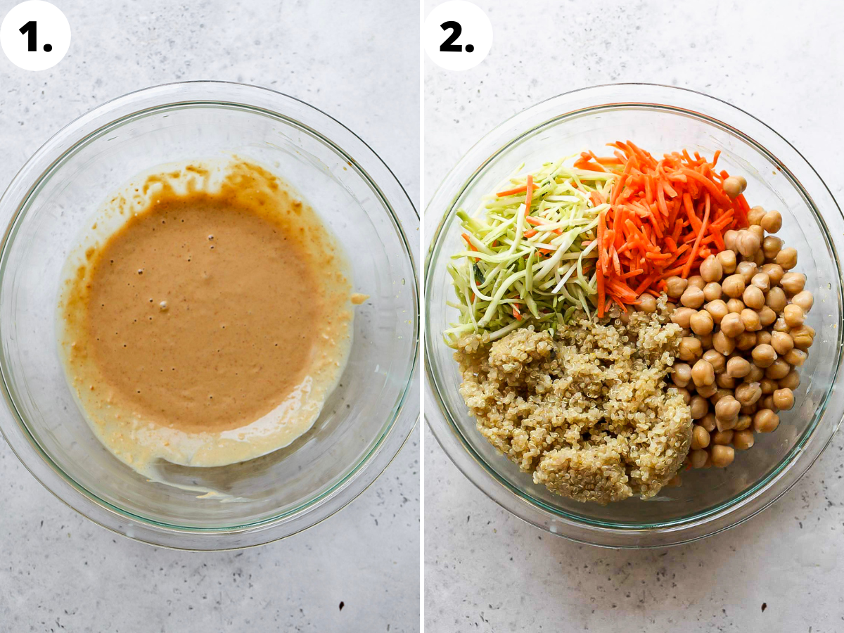 Peanut sauce being mixed in a large clear bowl, and remaining salad ingredients being mixed in.