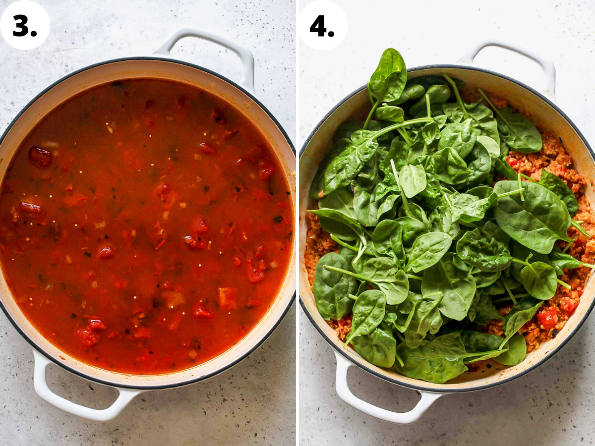 Broth, tomatoes, and spinach being added to the pan.