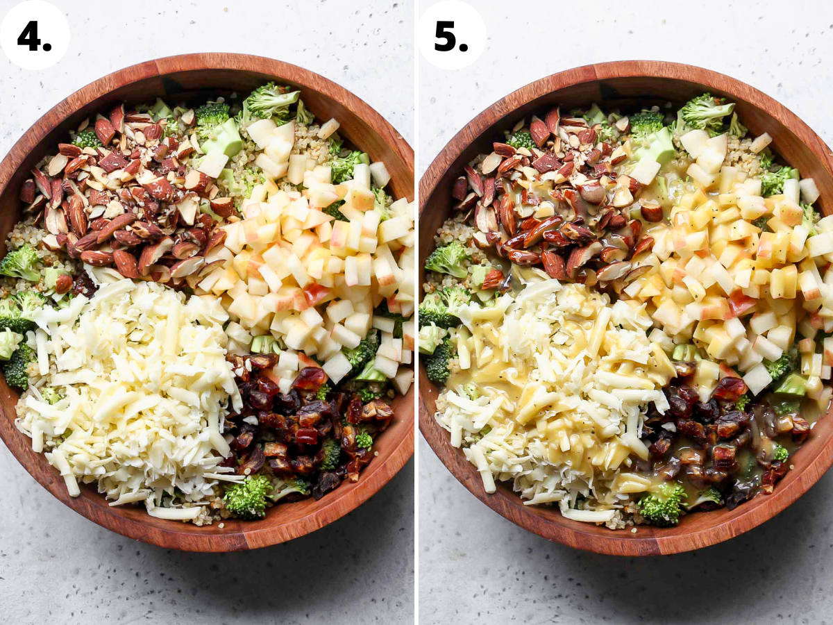 Honey-mustard dressing being poured over quinoa salad in a large wooden serving bowl.