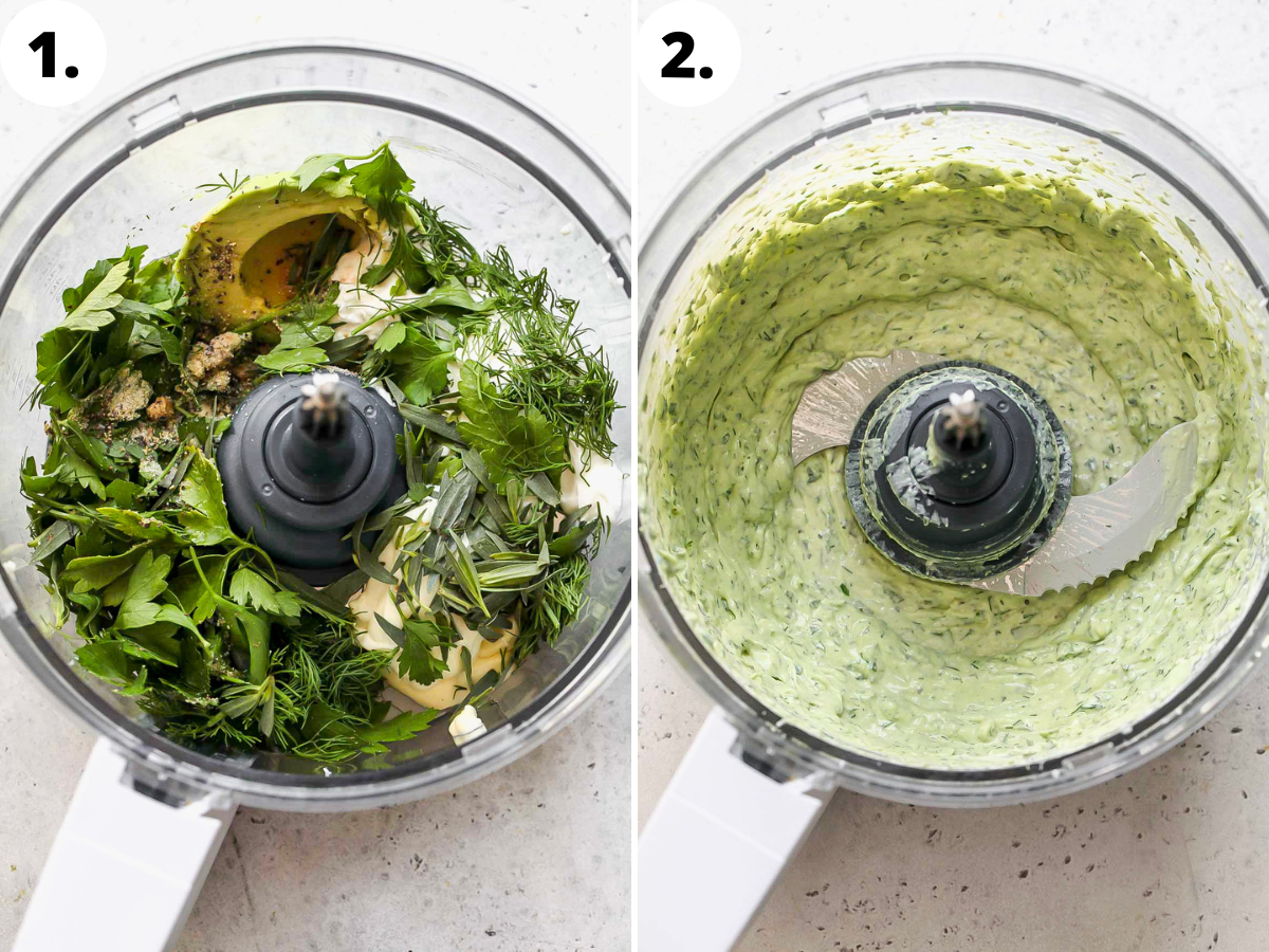 Green goddess sauce being blended until smooth in a food processor.