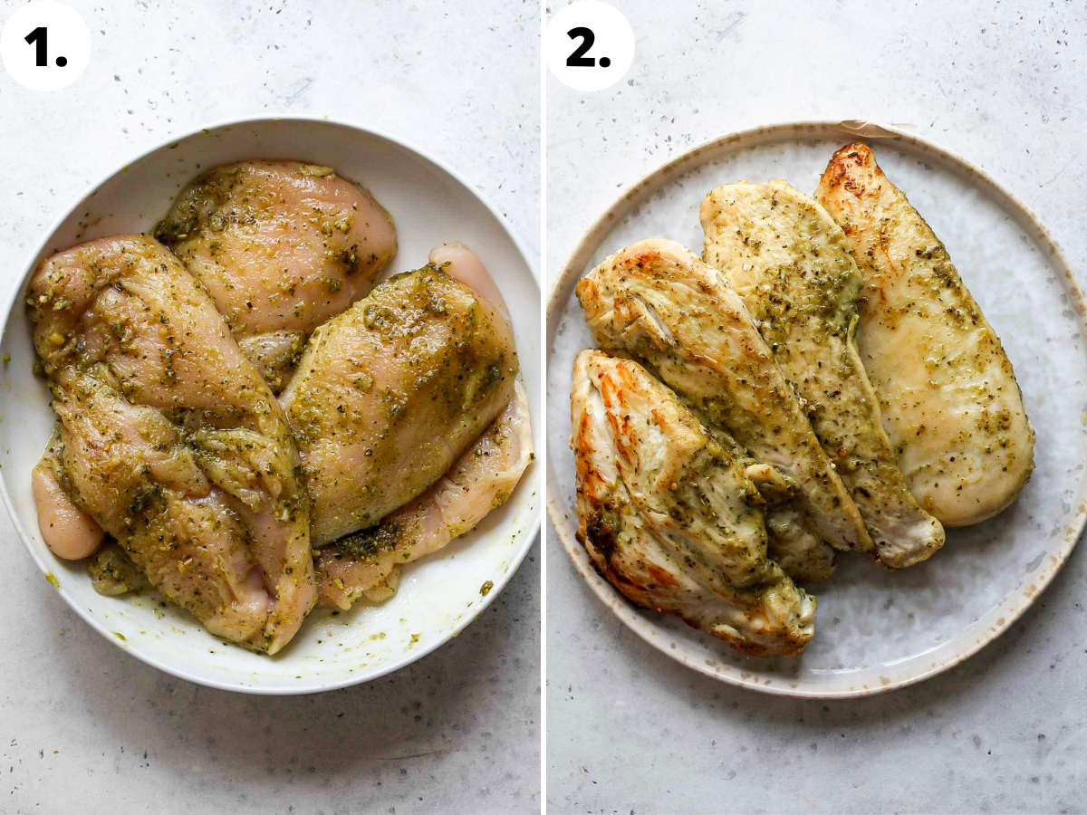 Chicken breasts coated in pesto and cooked.