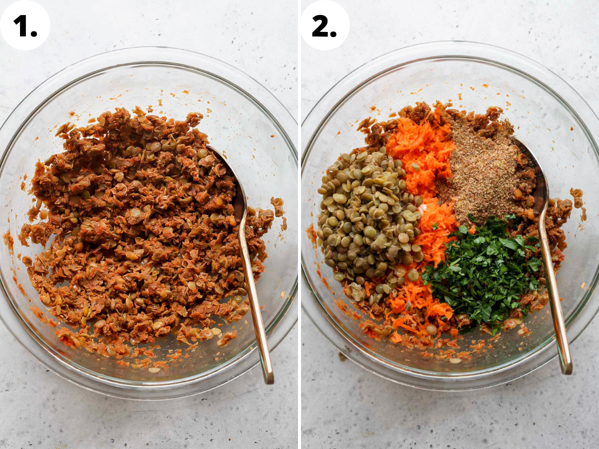 Lentils, carrots, parsley, tomato paste, and herbs being mashed together in a bowl.