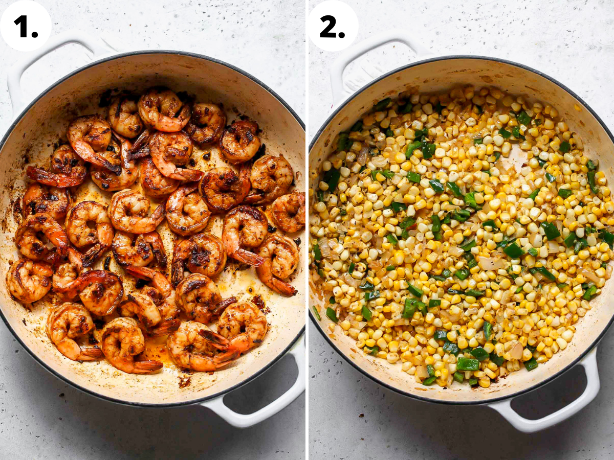 Shrimp being sautéed in a skillet, followed by aromatics being added and sautéed.