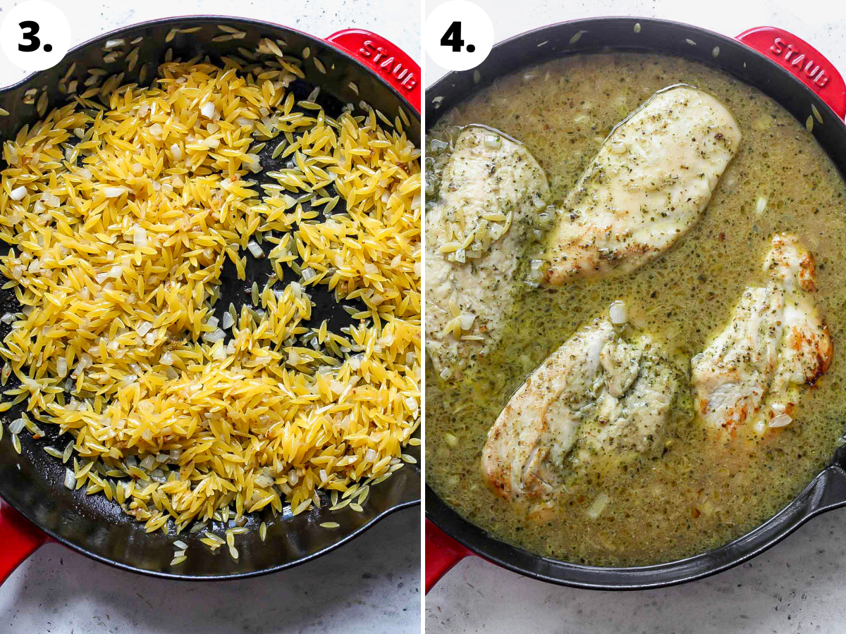 Orzo being added to skillet, along with broth, pesto, and chicken breasts.