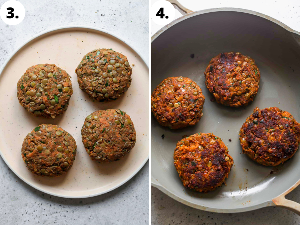 Lentil mixture being formed into burger patties and cooked in a skillet.