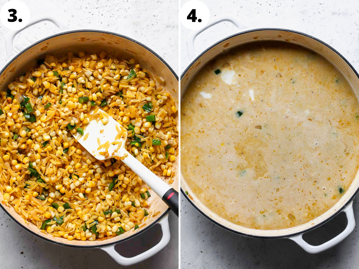 Orzo, broth, and coconut milk being added to skillet.