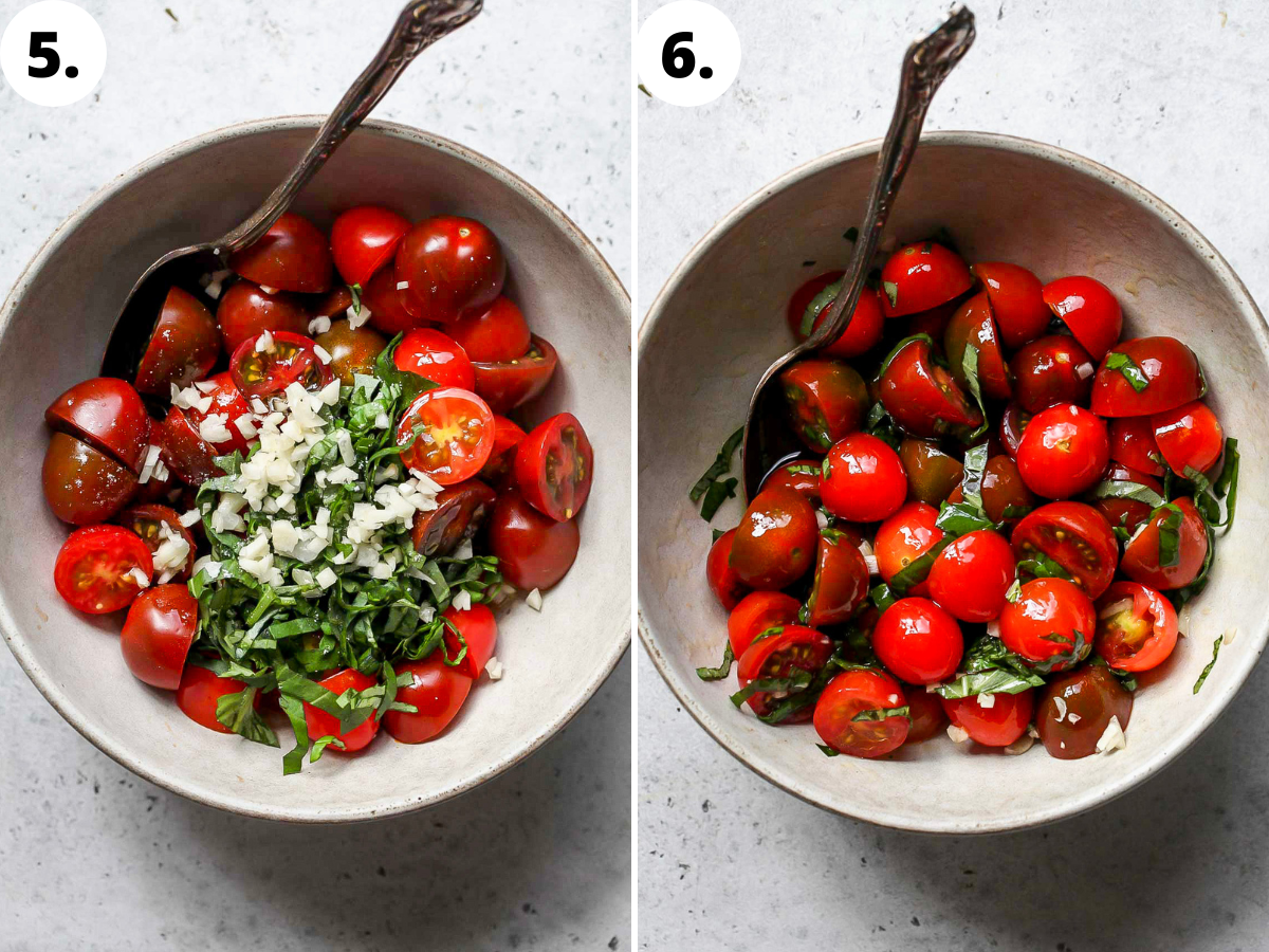 Cherry tomatoes being mixed with basil, garlic, and olive oil.