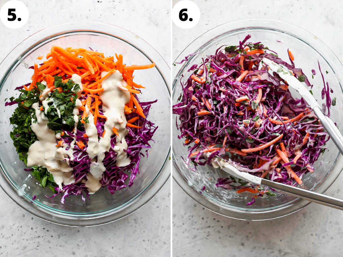 Tahini slaw mixture being tossed together in a clear bowl.