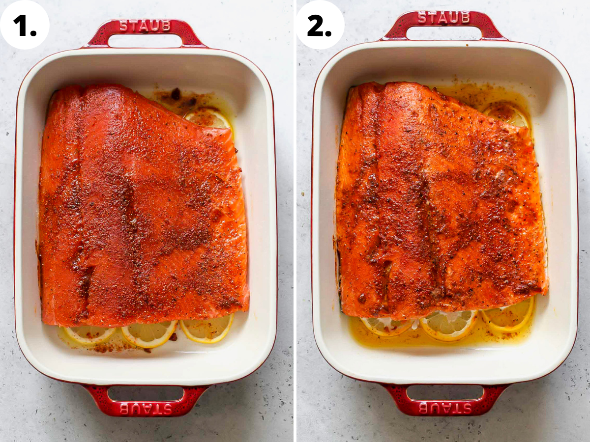 Salmon fillet being rubbed with spices and baked until opaque.