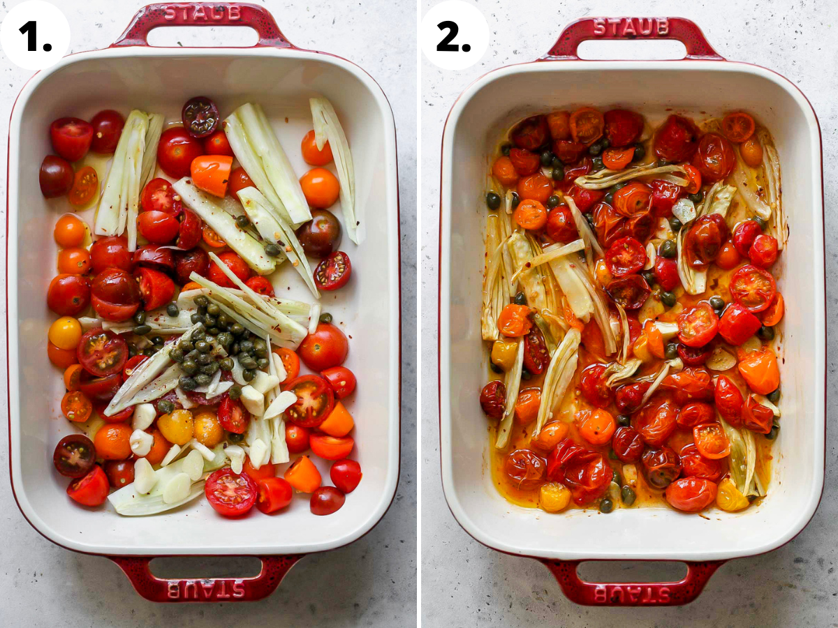 Tomatoes, capers, fennel, garlic, and olive oil in a ceramic dish.