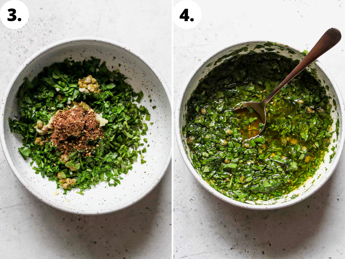 Za'atar salsa verde being mixed in a white bowl.