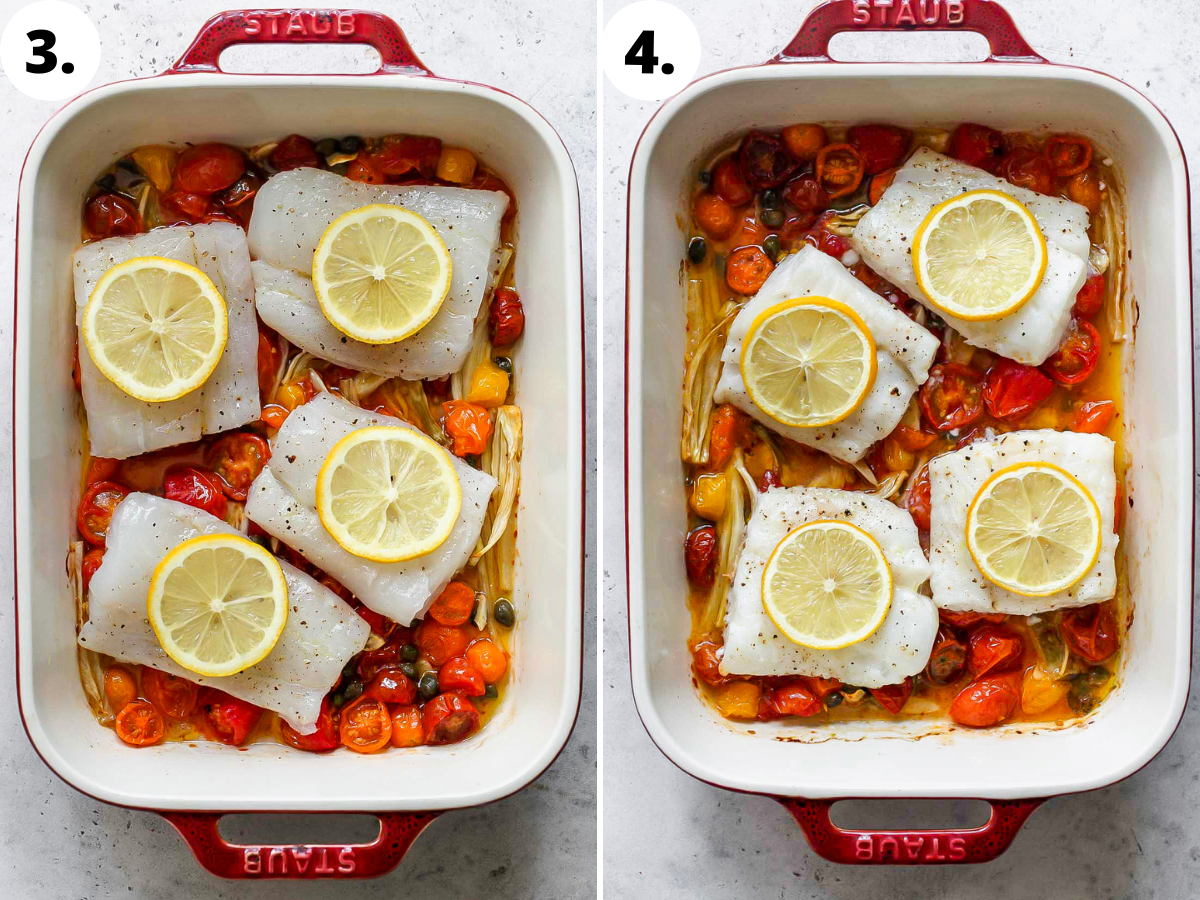 Fish and lemon slices being added to ceramic dish on top of tomato mixture.