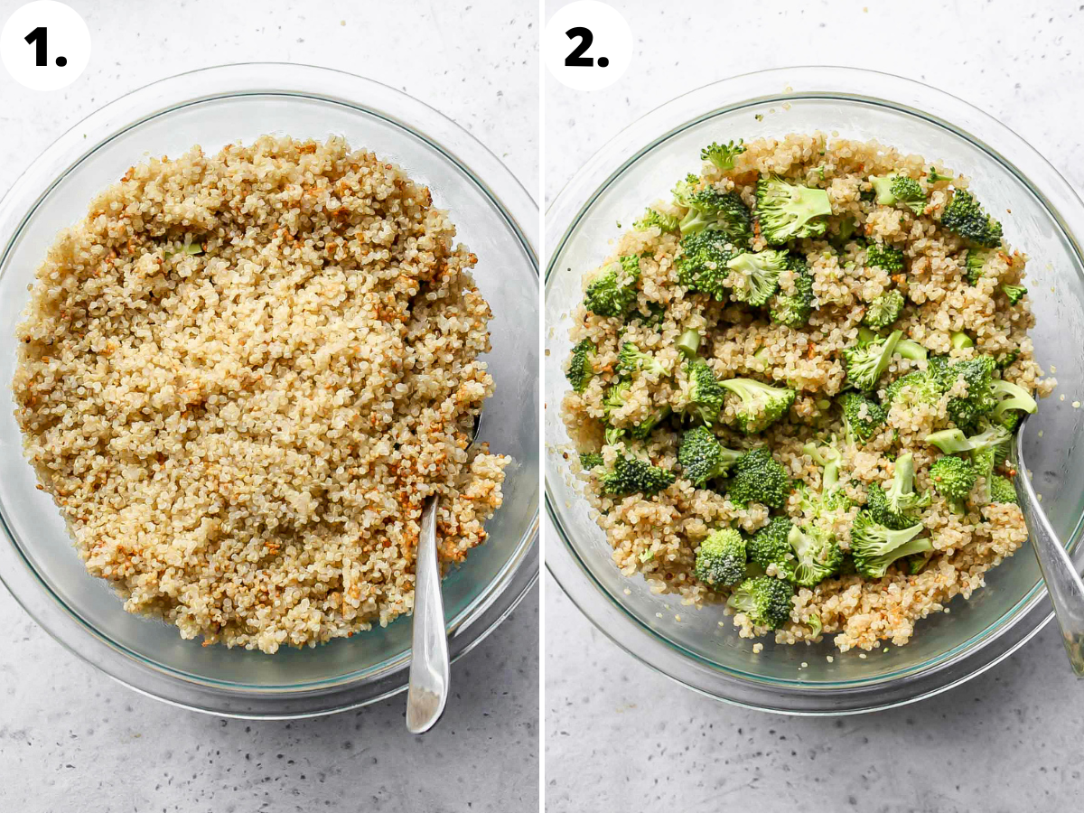 Hot quinoa being combined with broccoli florets in a large glass bowl.