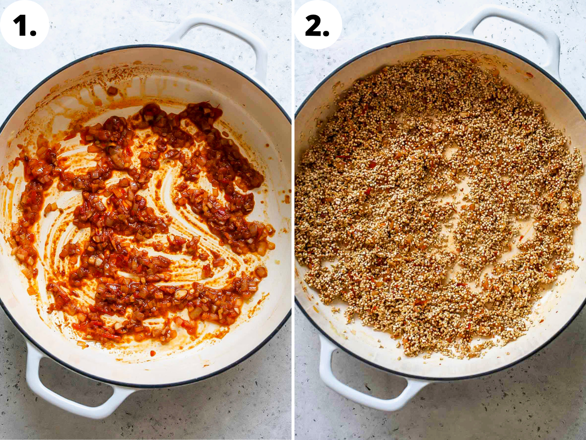 Aromatics, spices, and quinoa being sauteed in a large white skillet.