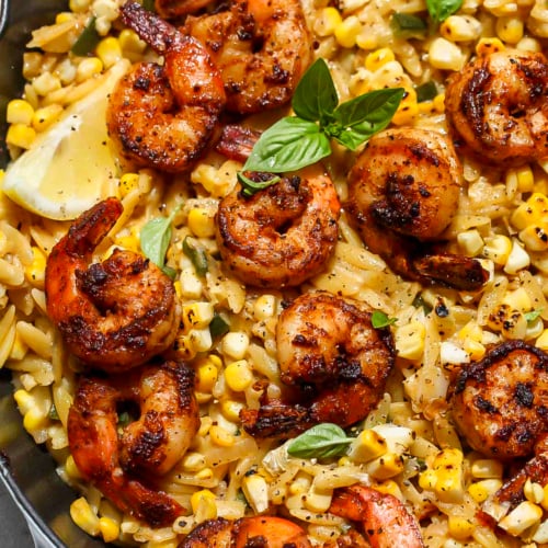 One Pan Creamed Corn Orzo with Cajun Shrimp