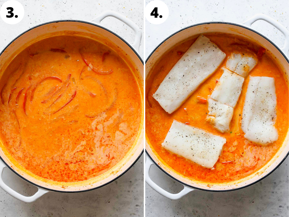 Coconut milk and cod fillets being added to pan.