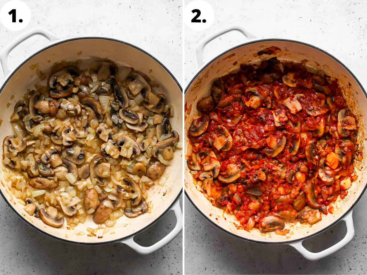 Mushrooms, onion, tomato paste, and garlic being sautéed in a white pan.