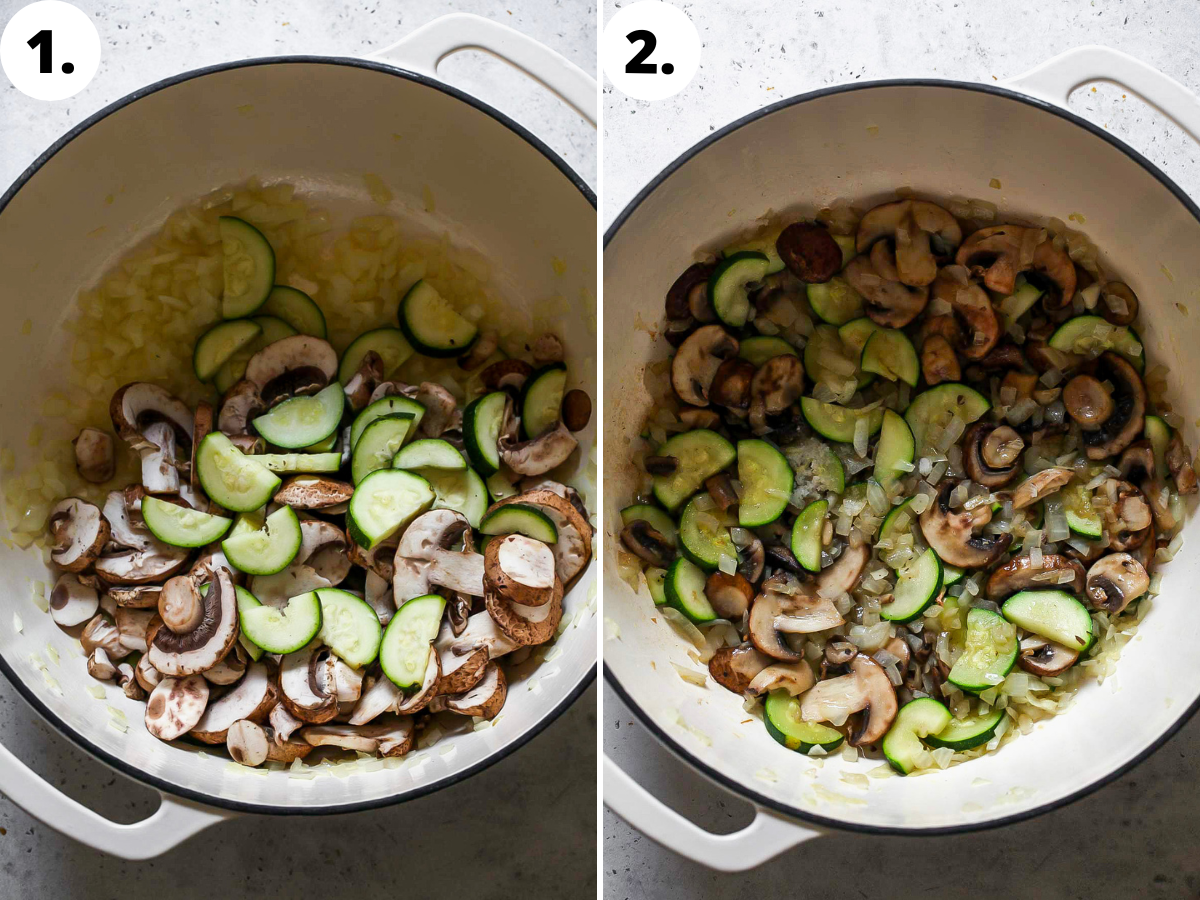 Onion, mushrooms, and zucchini sautéing in a white Dutch oven.