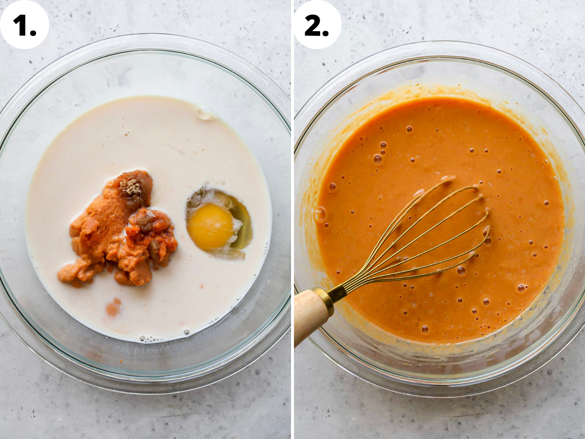 Pumpkin puree, egg, milk, maple syrup, and vanilla being whisked in a glass bowl.