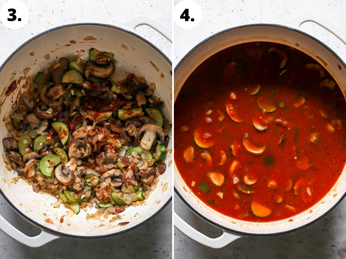 Tomato paste, crushed tomatoes, beans, and broth being added to soup pot.