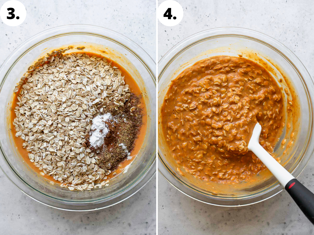 Oats, flaxseed, baking powder, and spices being mixed into wet ingredients.
