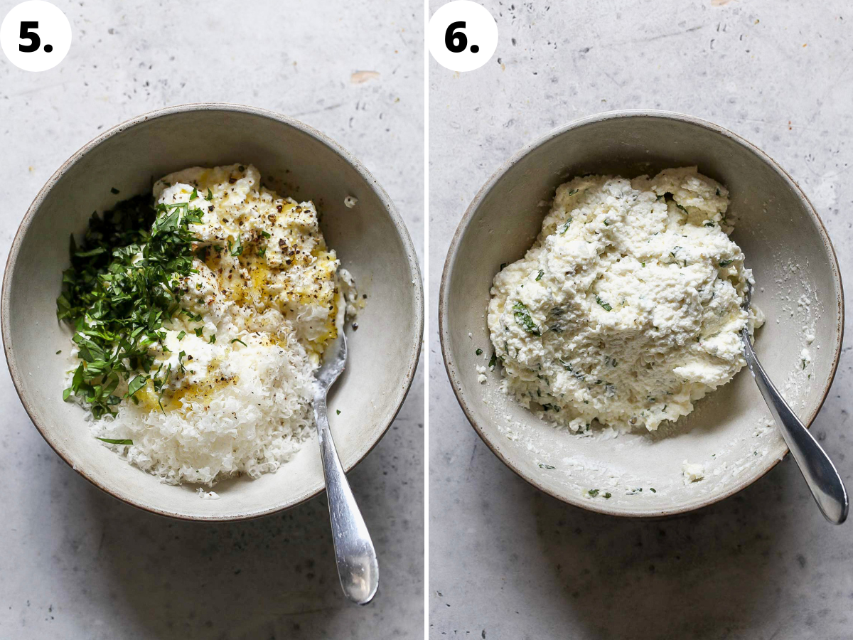 Ricotta cheese being mixed with Parmesan, basil, and olive oil in a white bowl.