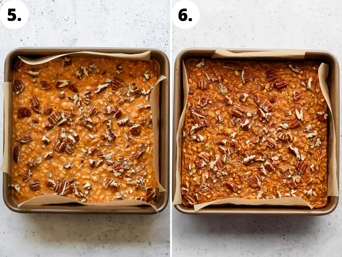 Oat mixture being poured into an 8x8" inch and topped with chopped pecans.