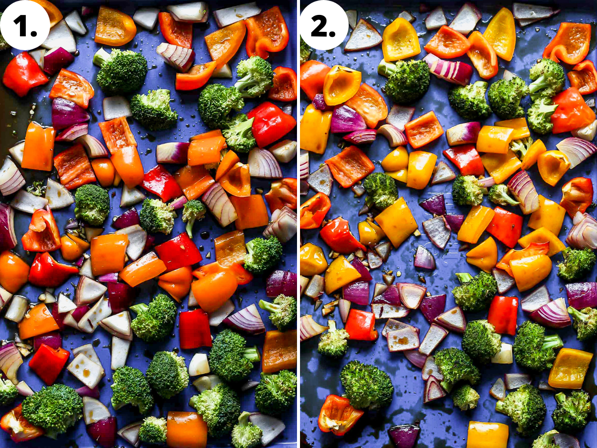 Bell peppers, broccoli, and red onion being tossed in sauce and roasted on a blue baking sheet.