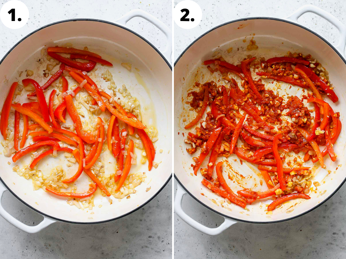 Red bell pepper, shallots, ginger, garlic, and curry paste being sautéed in a white pan.
