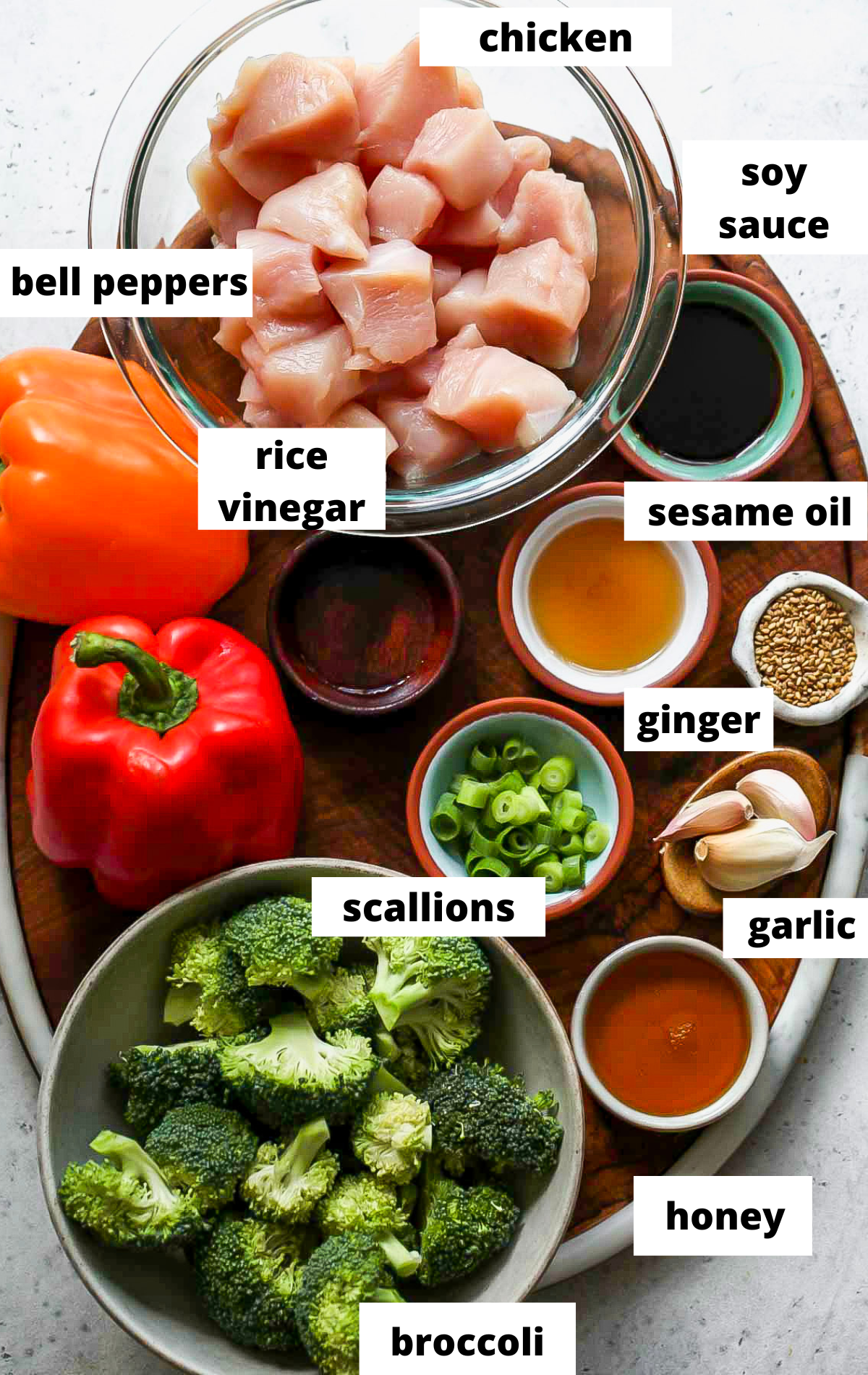 Recipe ingredients arranged on a wooden platter with text labels.