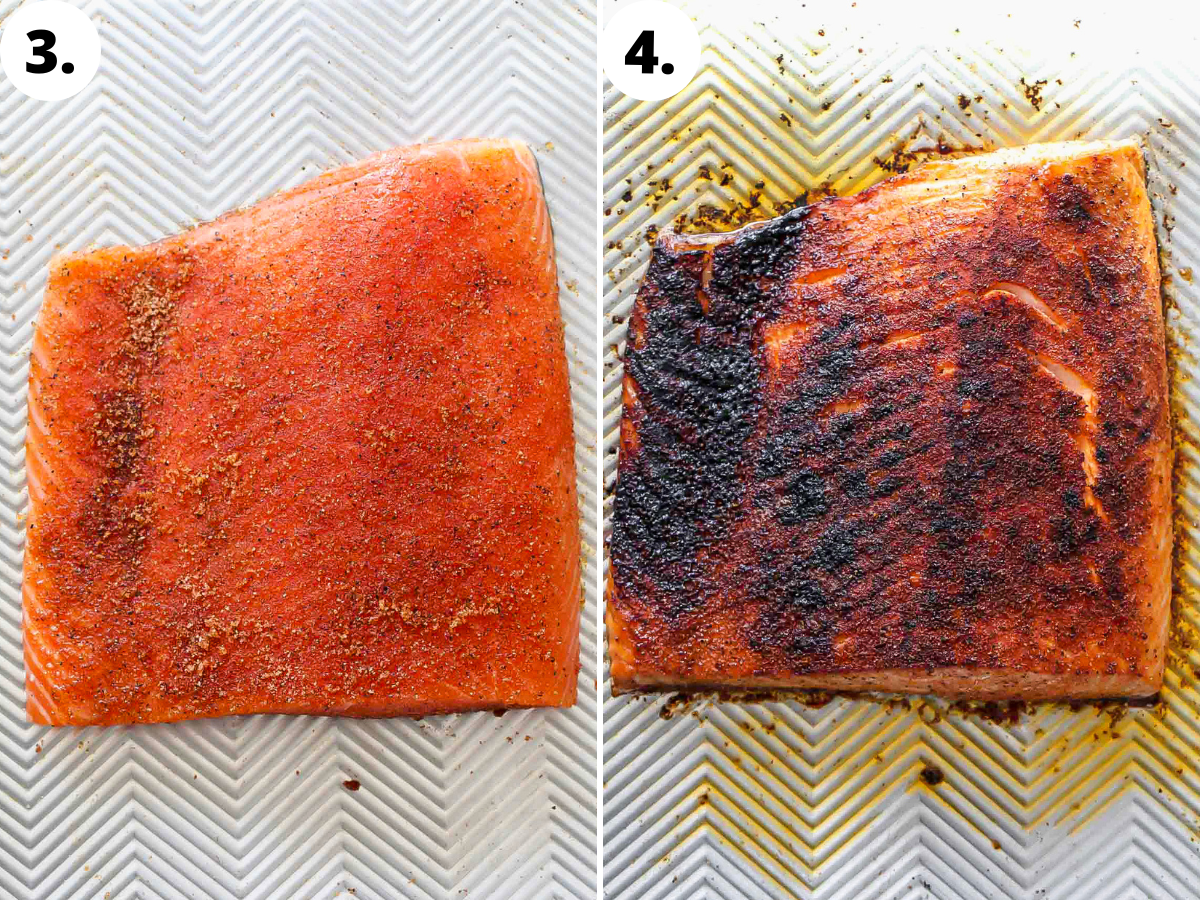 Salmon fillet being coated in spices and broiled until crisp.