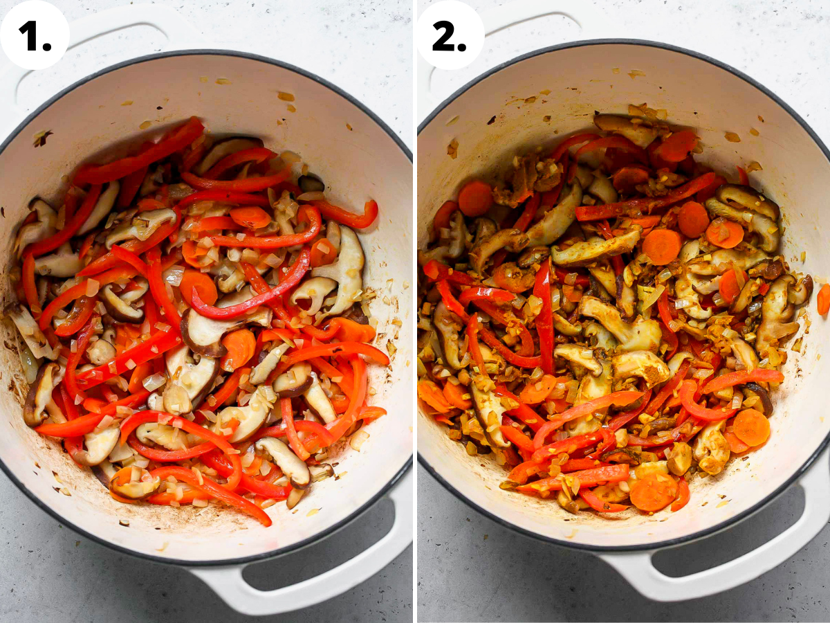 Onion, pepper, mushrooms, and aromatics being simmered in a large white soup pot.
