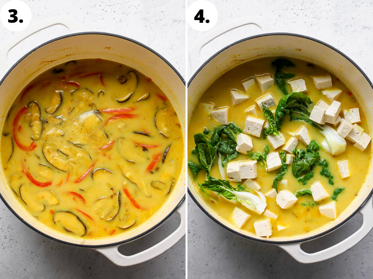 Broth, tofu, and bok choy being added to the pot.