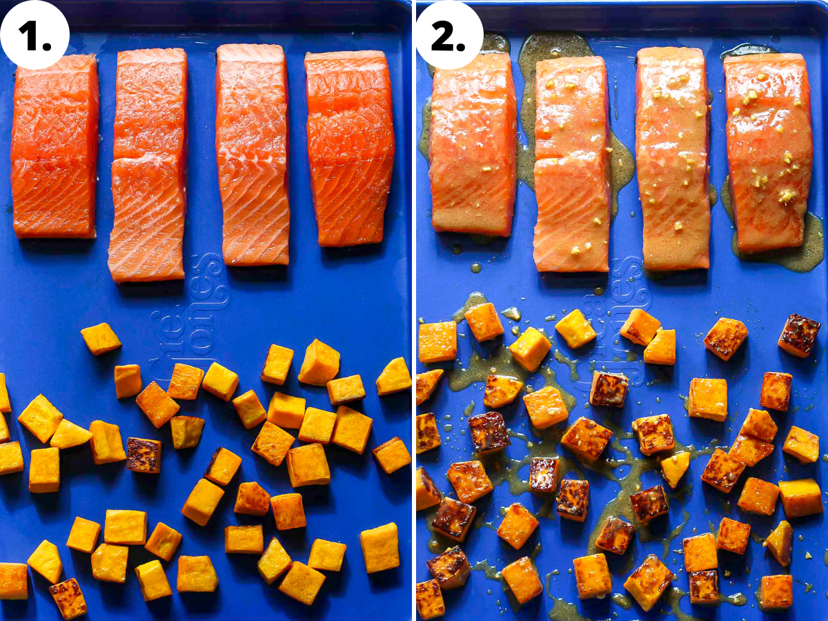 Salmon fillets and squash being arranged on a blue baking sheet, and tossed in miso-ginger sauce.