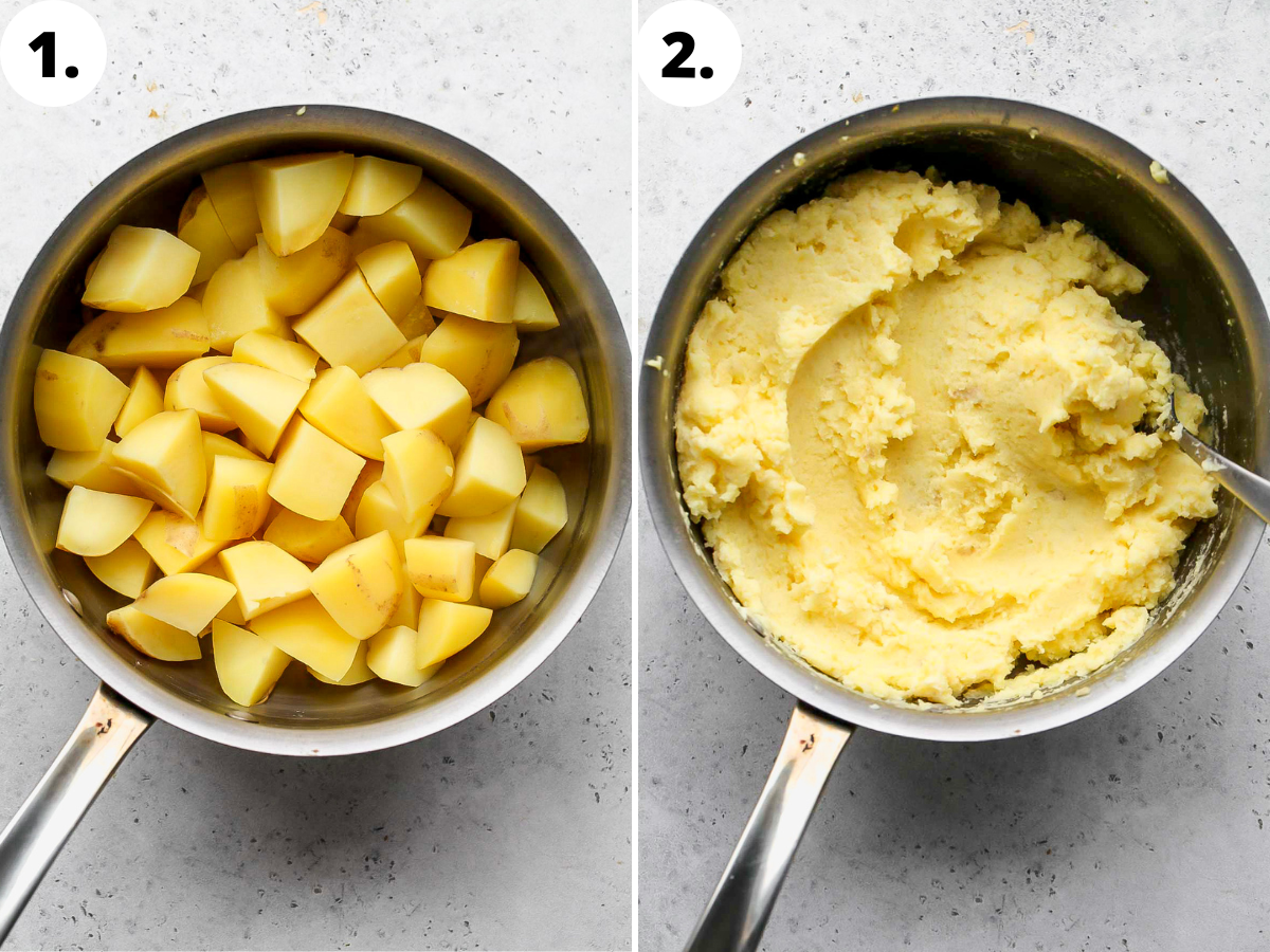 Potatoes being boiled and mashed in a silver pot.