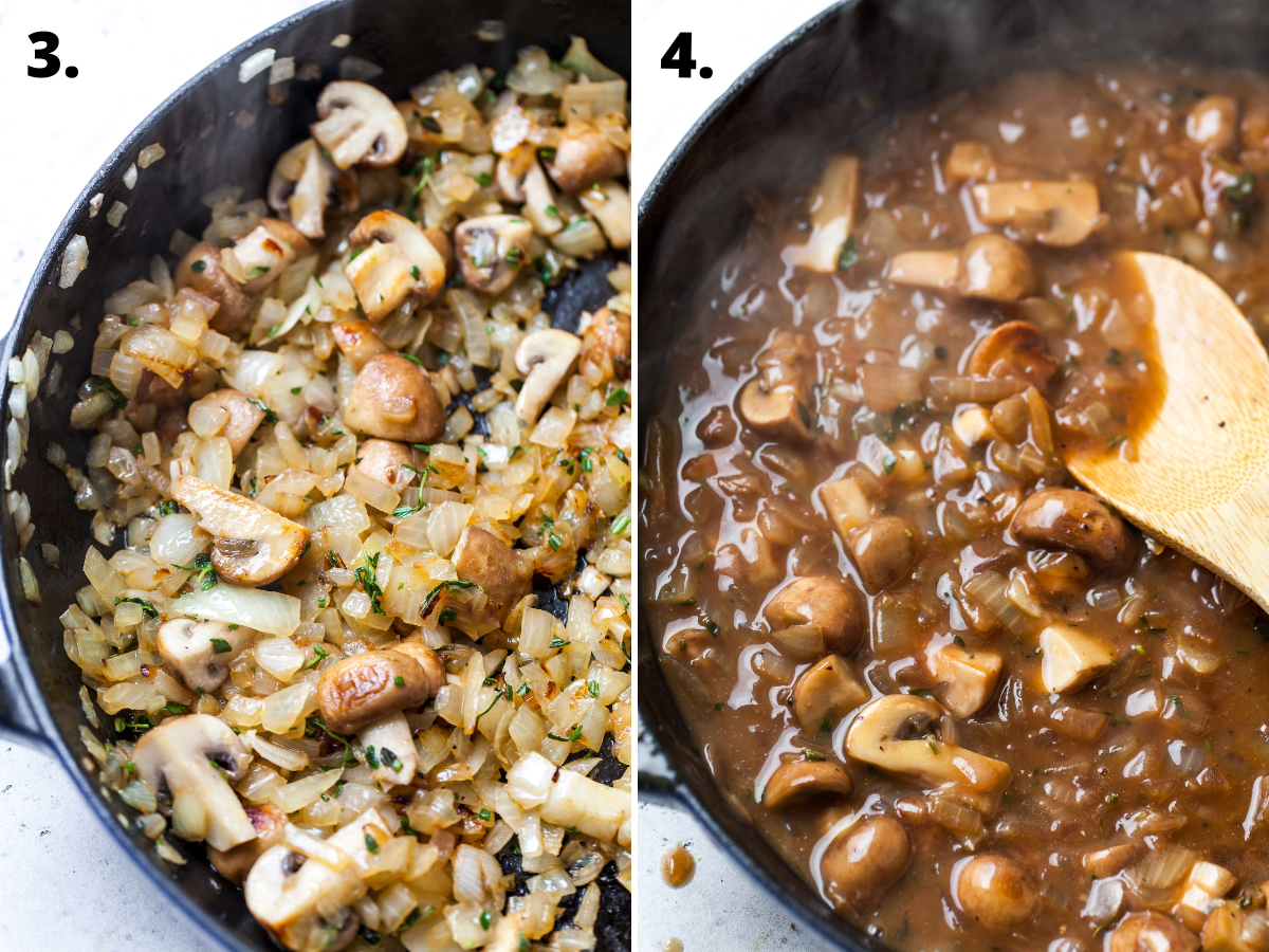 Onion and mushrooms being cooked down, and red wine being added and reduced.