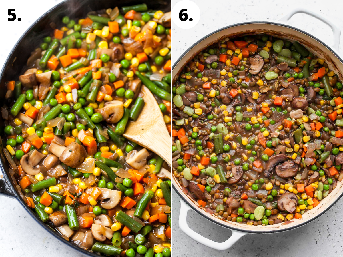 Veggies and lentils being stirred into filling mixture in a large pot.