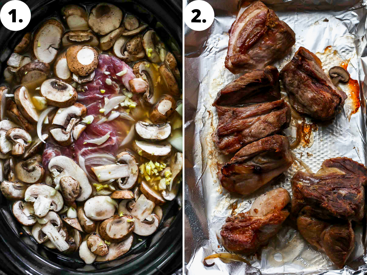 All of the ingredients being added to crockpot, and the pork being torn into chunks and broiled until crisp.