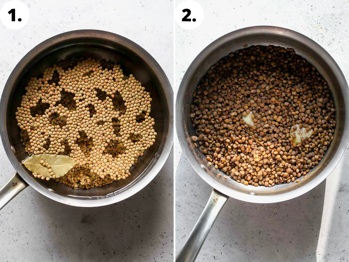 Lentils being cooked in water in a sauce pot.