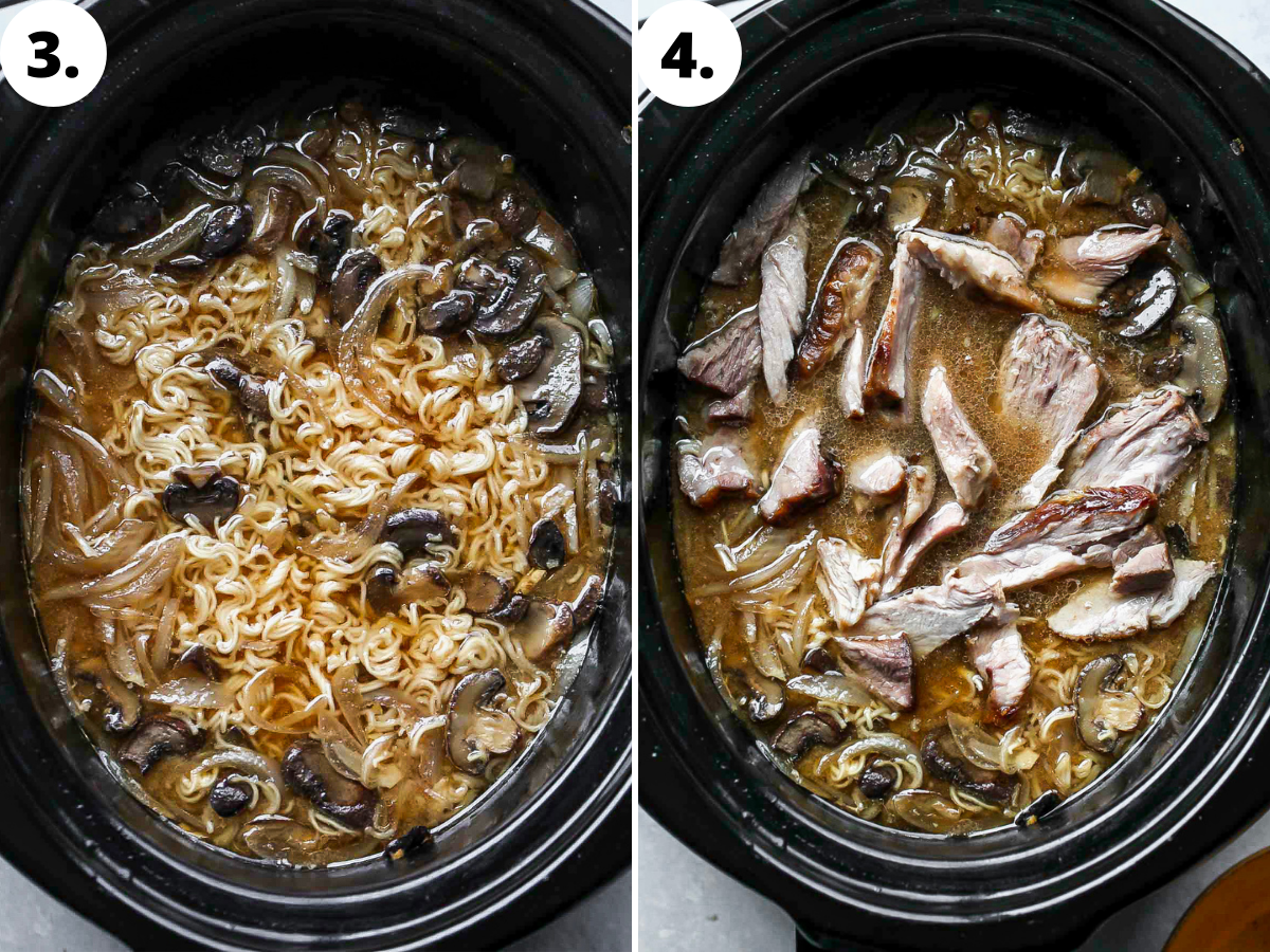 Noodles being added to crockpot, and shredded pork being added back in.