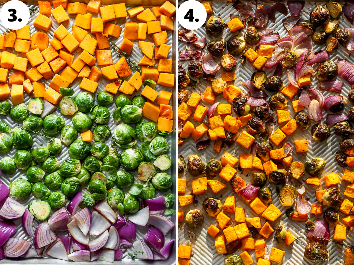 Butternut squash, Brussels, and red onion being roasted on a large baking sheet.