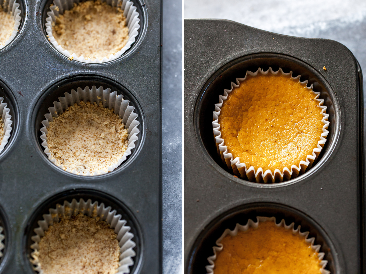Mini crusts in a muffin tin being filled with filling.