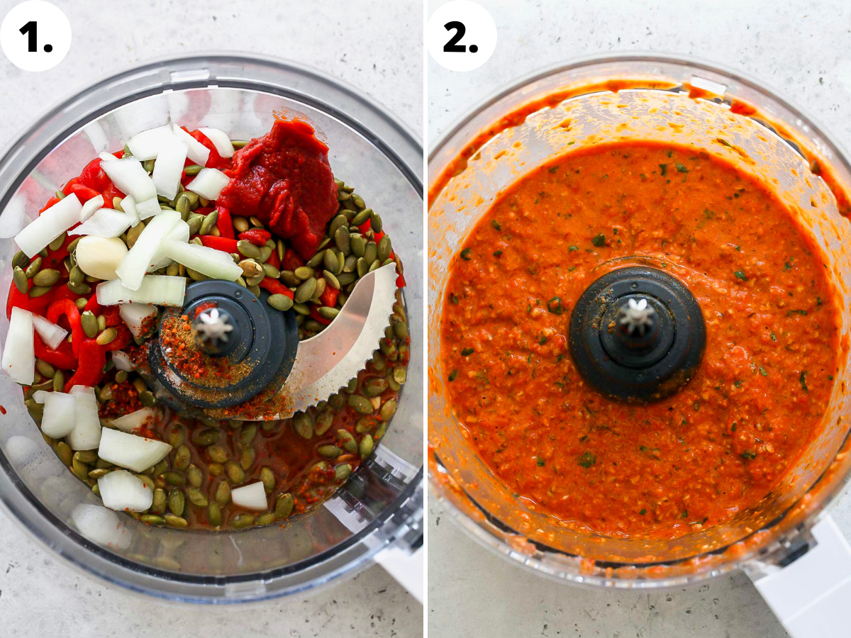 Pepita salsa being blended in a food processor.