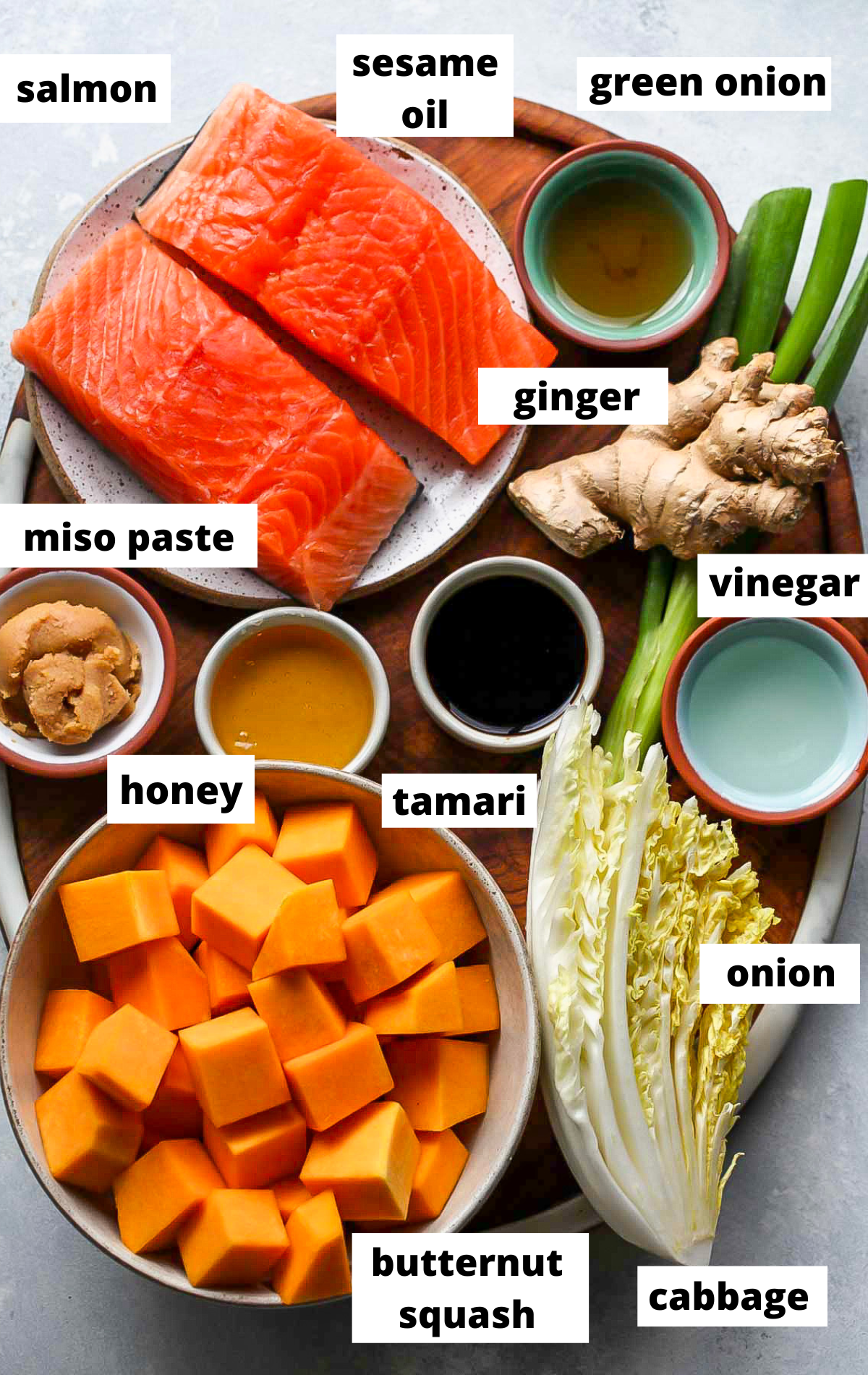 Recipe ingredients arranged on a wooden platter with labels.