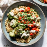Harissa Chickpea and Broccoli Bowls with Creamy Garlic Sauce